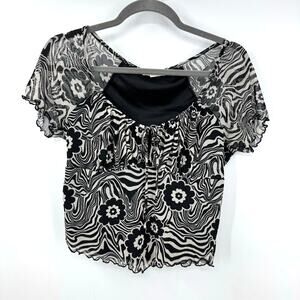 Vintage Y2K Moa Moa Cropped Babydoll Top Shirt L Black Floral Fairy Grunge